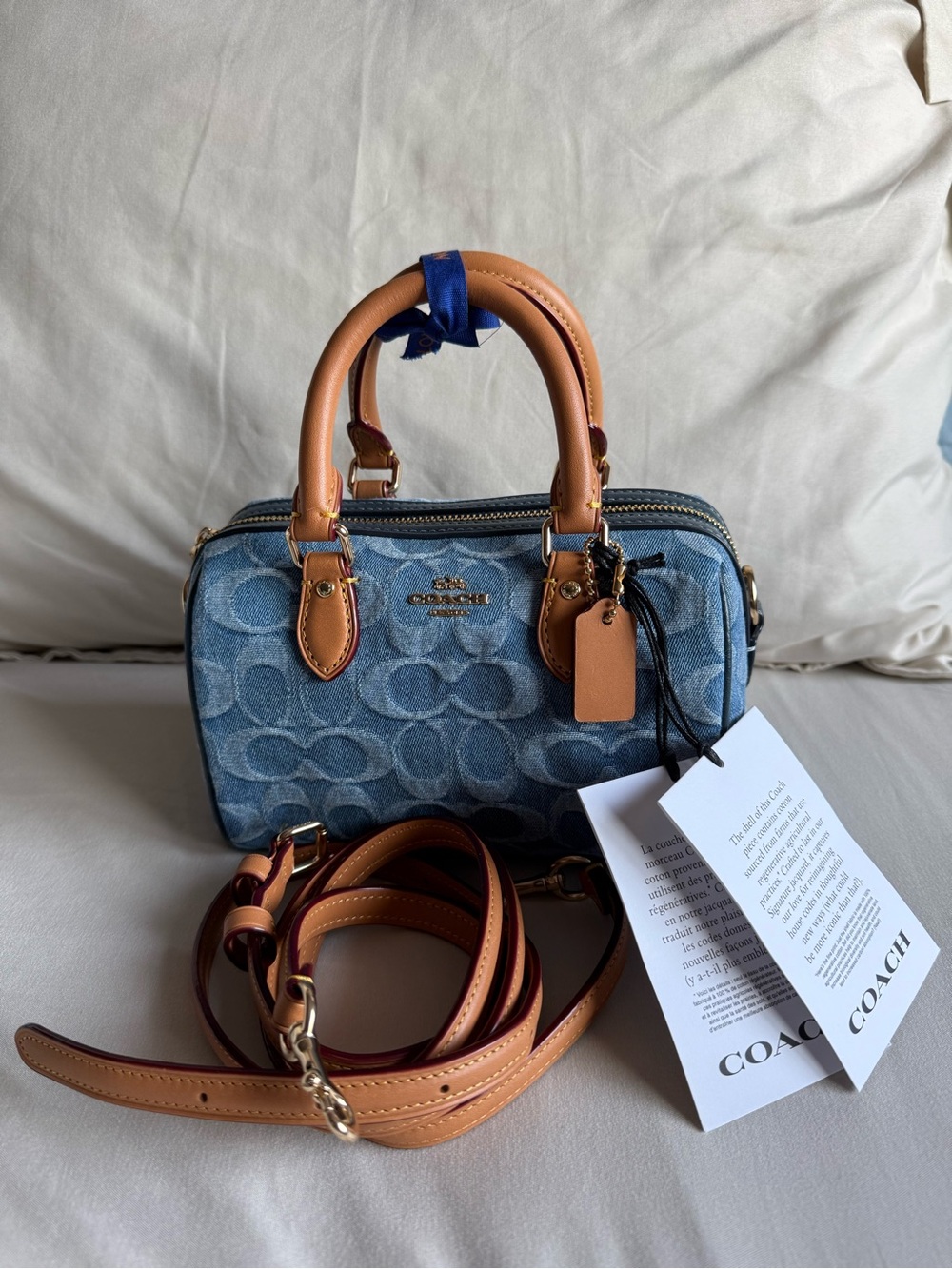 Coach Denim Signature Mini Rowan in Blue with Tan Leather